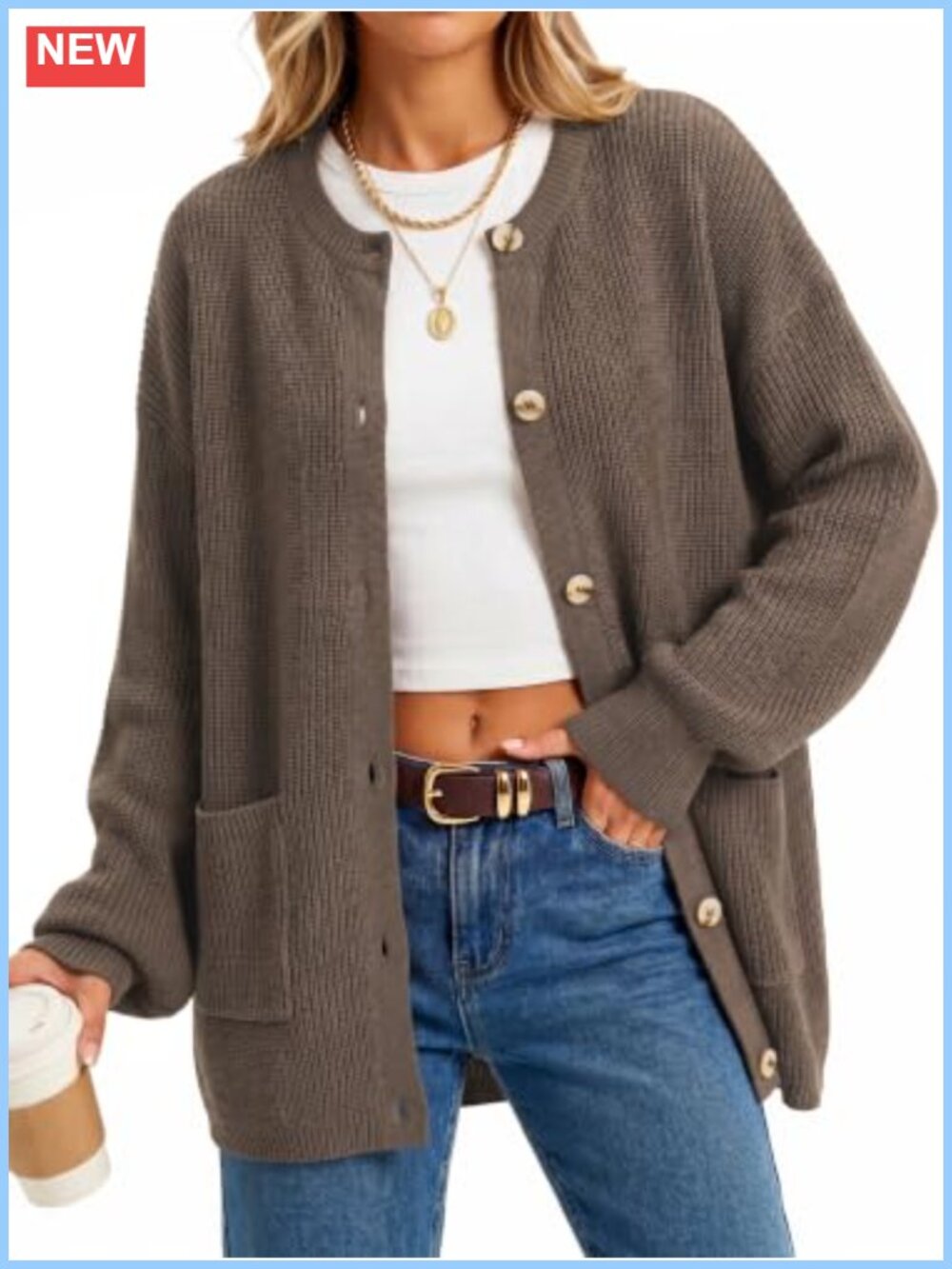 Wool Blend Oversized Chunky Knit Cardigan Button Front Pockets